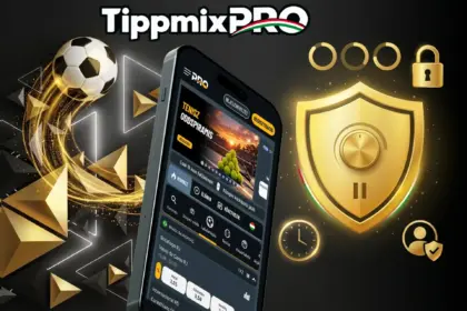 Tudatos és felelős játék a TippmixPRO oldalán, szemléltetve egy okostelefonon arany védőpajzzsal, beállítótárcsával, lakattal, órával és focilabdával.