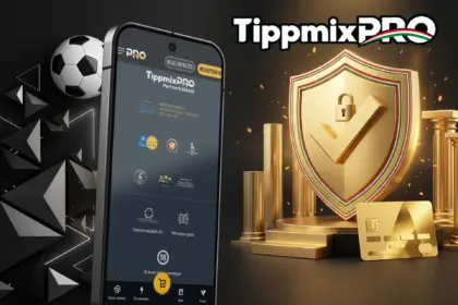 Hivatalosan legális és biztonságos a TippmixPRO a játékosoknak, bemutatva egy okostelefonon arany lakatos védőpajzzsal, oszlopokkal, bankkártyával és focilabdával.