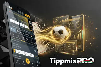 Megújult és modern sportfogadási rendszer, szemléltetve egy érintőképernyős telefonon száguldó focilabdával, papírszelvénnyel és arany elemzőpanelekkel.