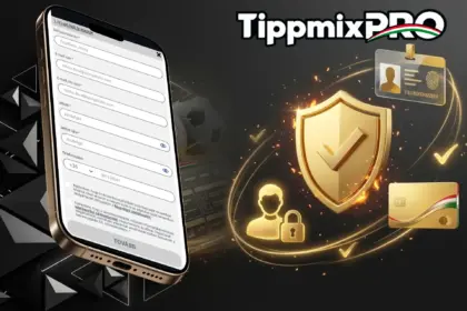 Egyszerű TippmixPRO regisztráció lépésről lépésre, ábrázolva a regisztrációs űrlapon arany védőpajzzsal, személyi igazolvánnyal, lakattal és bankkártyával.