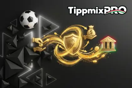 Biztonságos TippmixPRO befizetés és kifizetés menete, ábrázolva egy 3D kompozícióban arany védőpajzzsal, pénzeszsákkal, banképülettel, érmékkel és focilabdával.