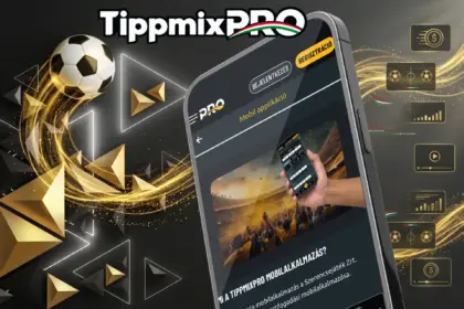 Gyors TippmixPRO app és mobil fogadás okostelefonon, prezentálva egy mobilkijelzőn aranysávos focilabdával és lebegő digitális funkcióikonokkal.